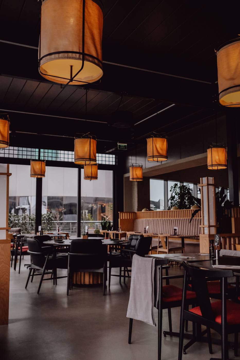 A newly fitted restaurant dining room with lantern lighting